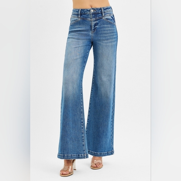 RISEN HR Medium Wash Front Yoke Heart Back Pockets Wide Leg Jeans Various NEW - Picture 3 of 13